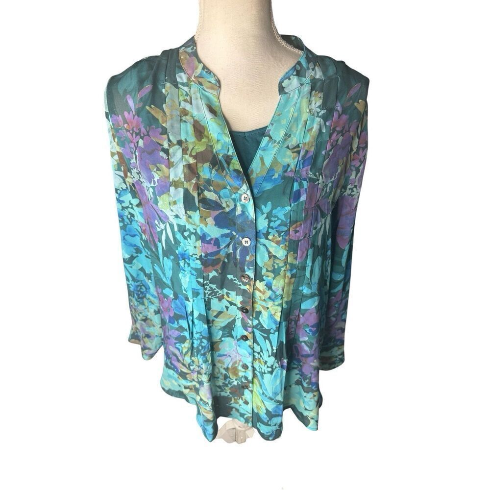 Soft Surroundings Women PL Mariposa Button Up Blouse Blue Watercolor Under Shirt